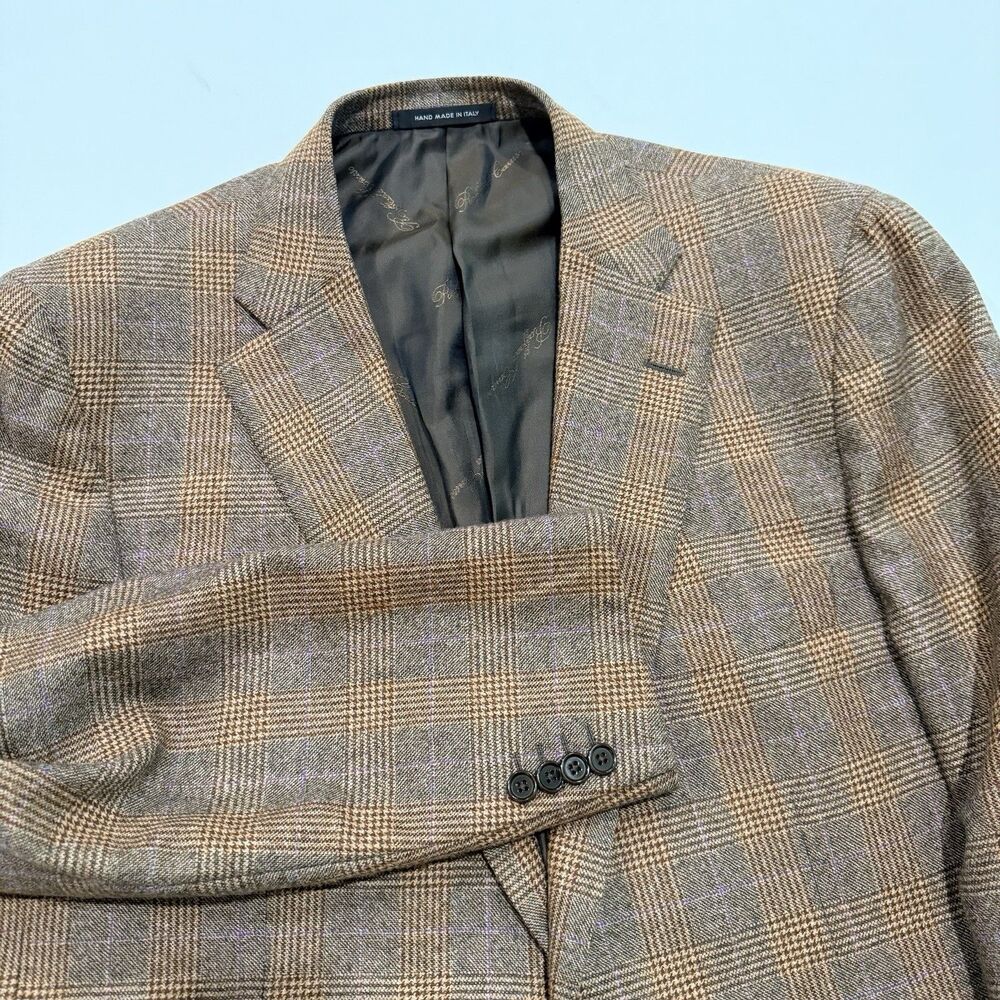 Raffaele Caruso Glen Plaid Wool Blazer 58L US 48L Brown Gray Check Made in Italy